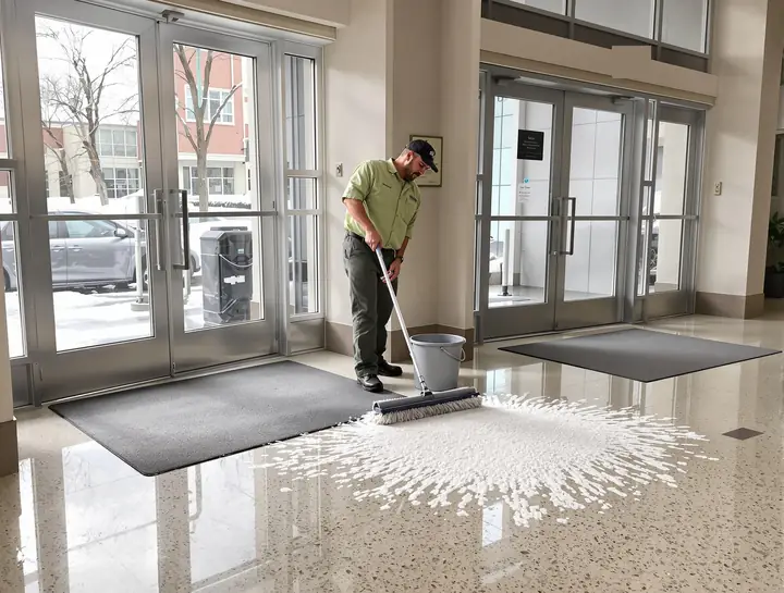 Porter mopping road salt off a terrazzo lobby floor in St. Paul