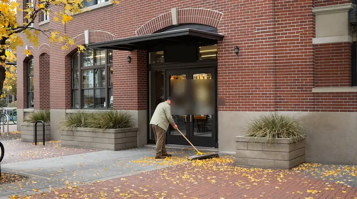 Porter sweeping maple leaves off a brick entry walk in Lowertown St. Paul