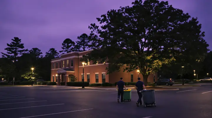 Congaree Night Crew arriving at a client building in Columbia at dusk