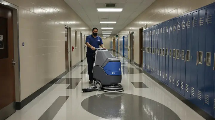 Custodian running an auto scrubber down a school hallway at night
