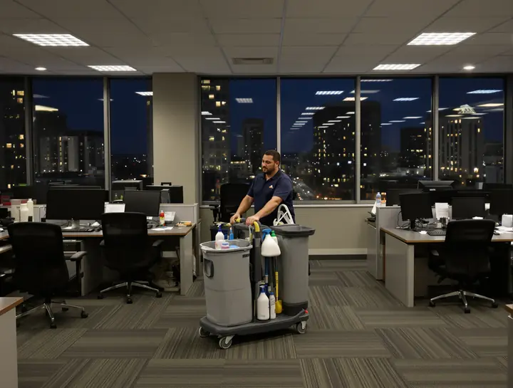 A Congaree Night Crew cleaner pushing a cart through a downtown Columbia office after hours