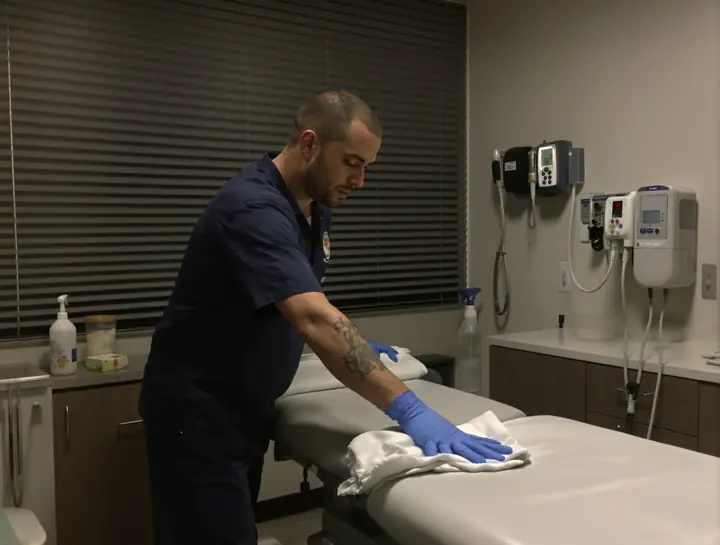 Cleaner in gloves disinfecting an exam table at a Columbia clinic