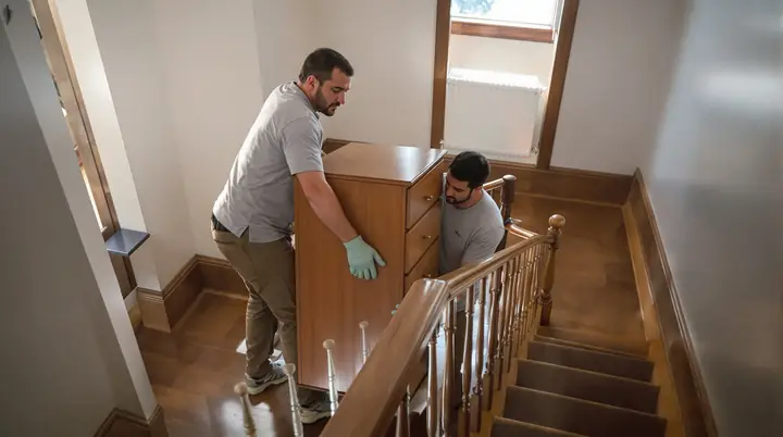 Two crew members carrying a dresser down a narrow staircase
