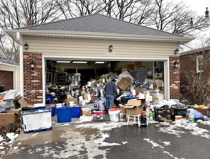 Sorting a packed garage in Parma into bins