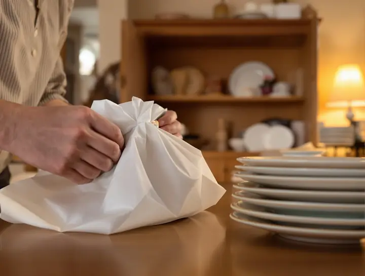 Wrapping a china teacup from the hutch for the family