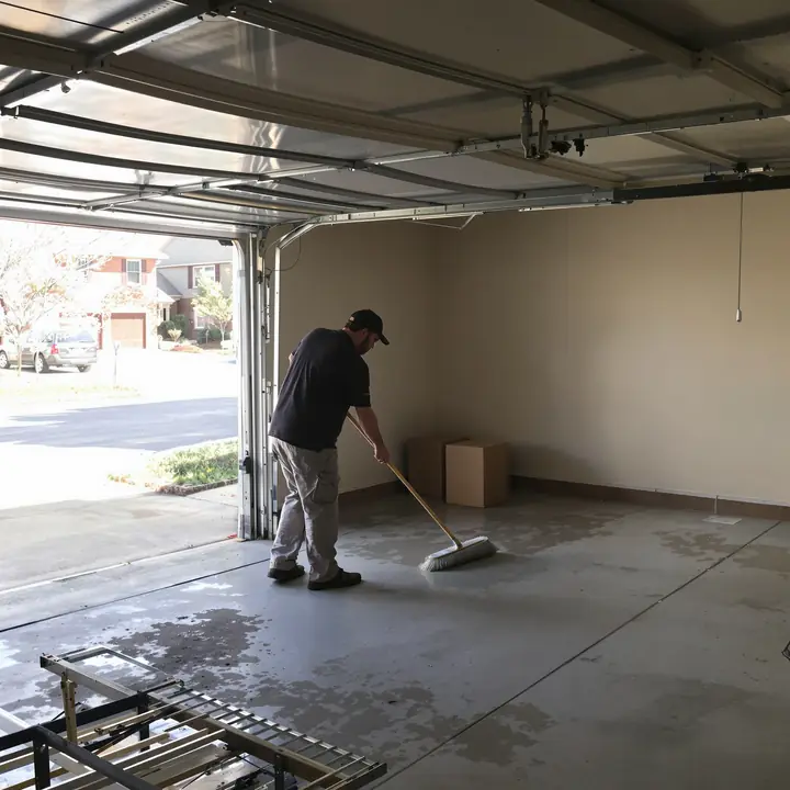Sweeping out a cleared garage in Parkville
