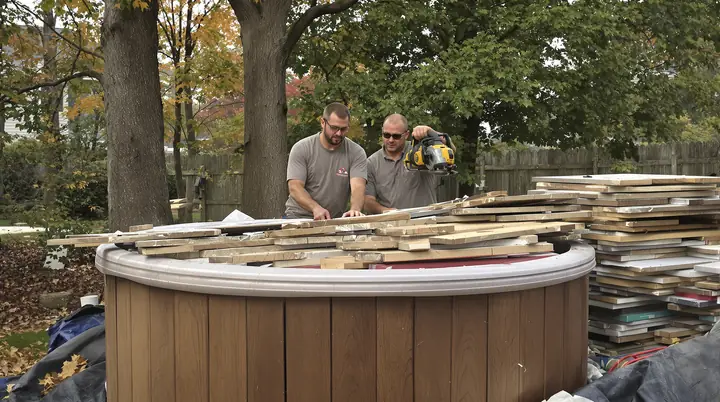 Cutting apart an old hot tub in a Towson backyard