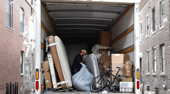 A full truck of furniture and boxes on a Fells Point street