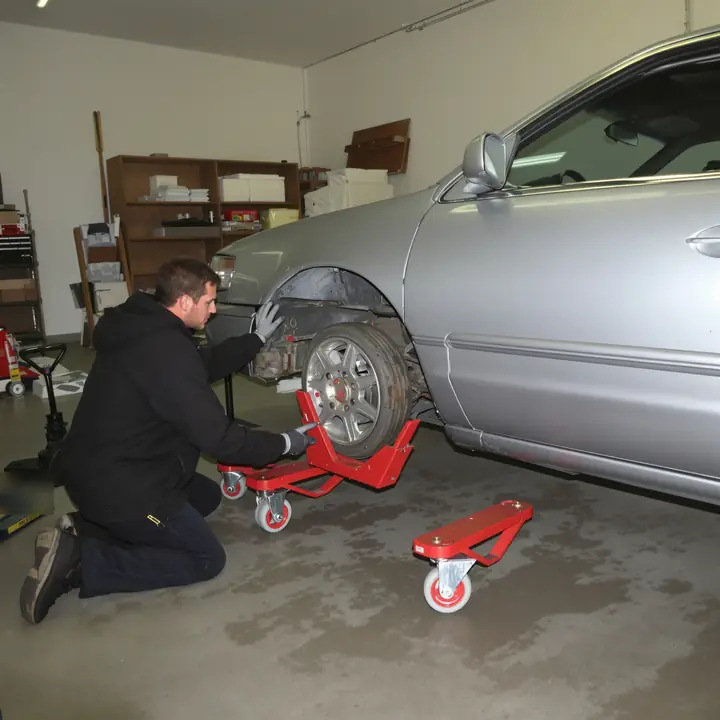 Tow operator setting a wheel dolly under a flat front tire