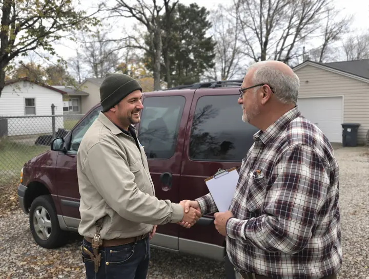 Our driver shaking hands with a seller next to an old minivan