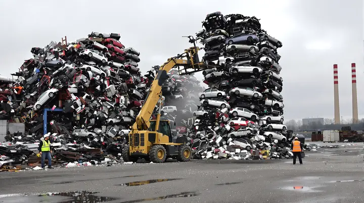 Loader stacking crushed cars at a scrap yard near Toledo
