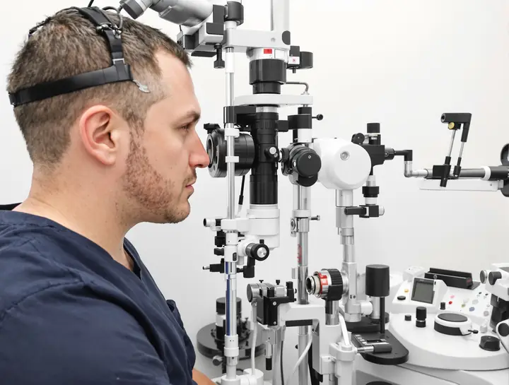 Patient at a slit lamp during an eye exam