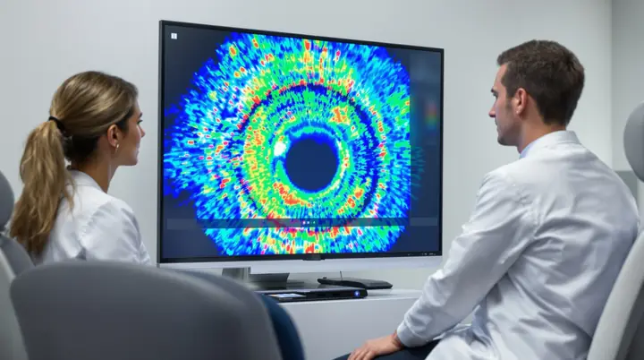 Surgeon and patient looking at a colorful corneal map on a big screen