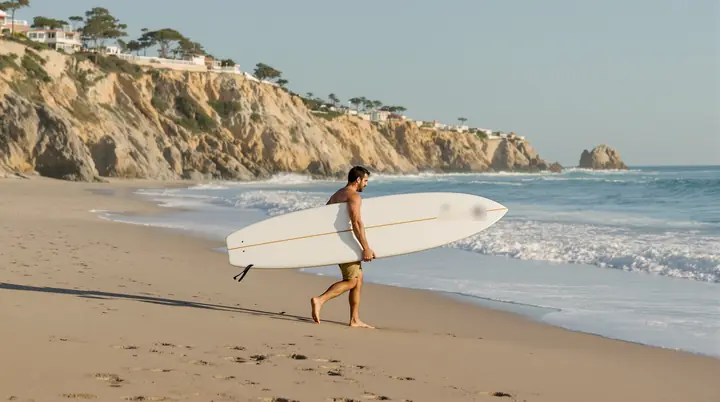 Man carrying a surfboard down the sand at Crystal Cove in the morning