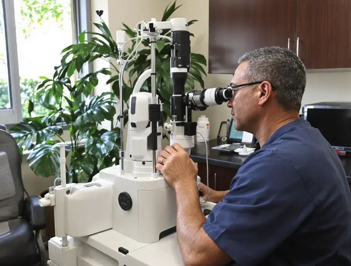 The surgeon checking a patient's eyes at the slit lamp