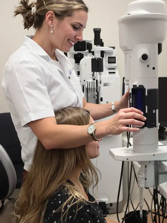 A technician lining up a patient on the corneal mapping machine