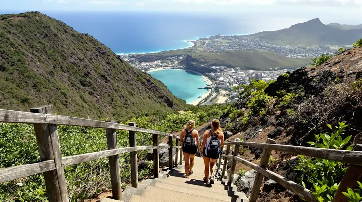 Two hikers on the Koko Head stairs above Hanauma Bay