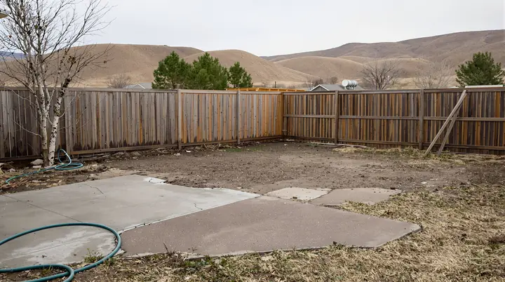 The same Boise backyard before the build, with bare dirt and a cracked slab