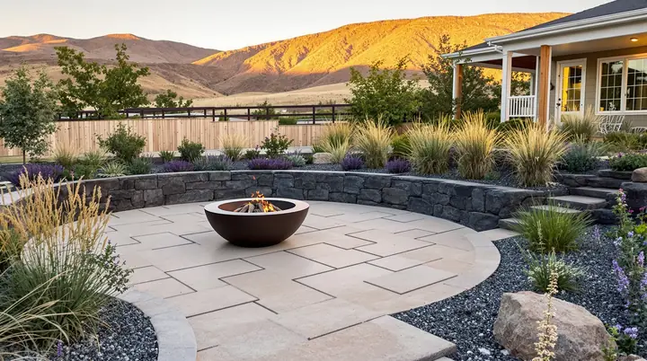 Flagstone patio with a fire pit and ornamental grasses