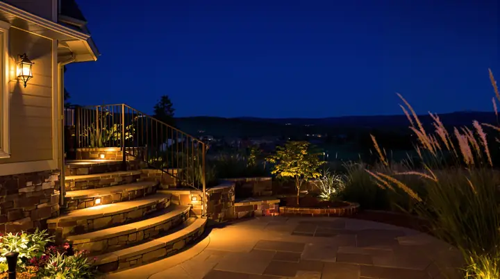 Stone steps and patio lit with warm path lights at dusk