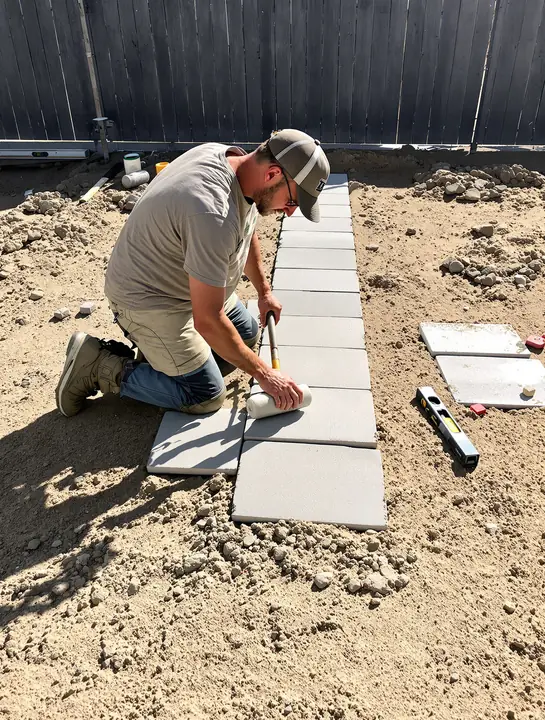 Landscaper setting concrete pavers on a sand bed