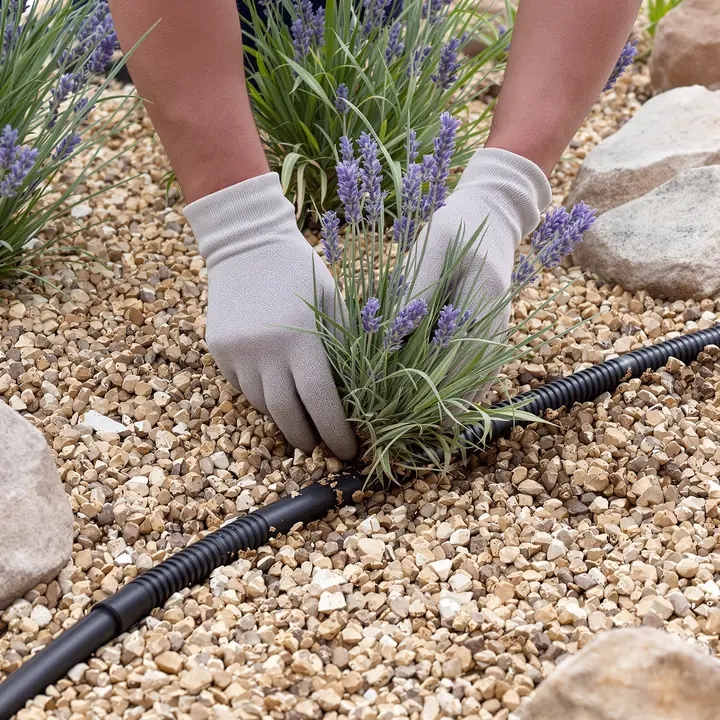 Hands planting lavender beside a drip line in gravel mulch