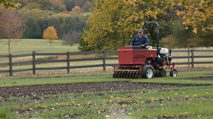 Core aerator pulling soil plugs from a lawn in early fall