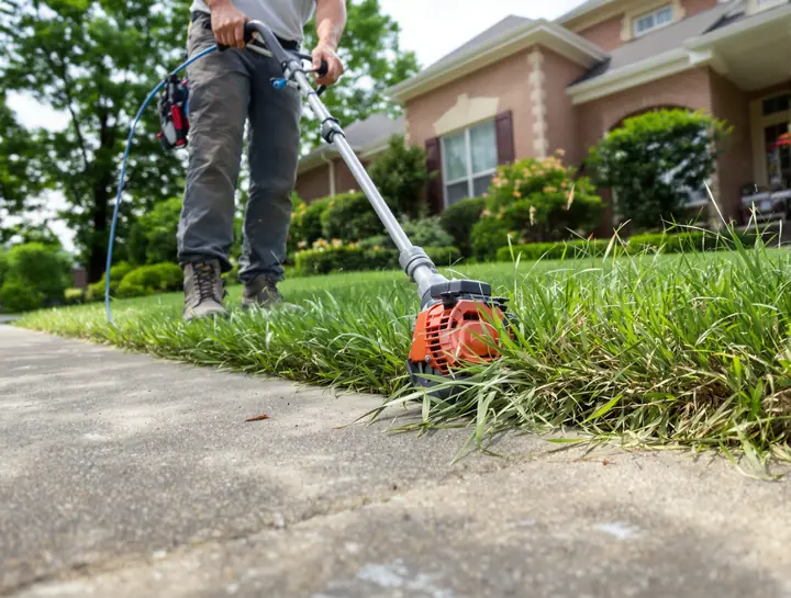 Crew member edging grass along a concrete driveway