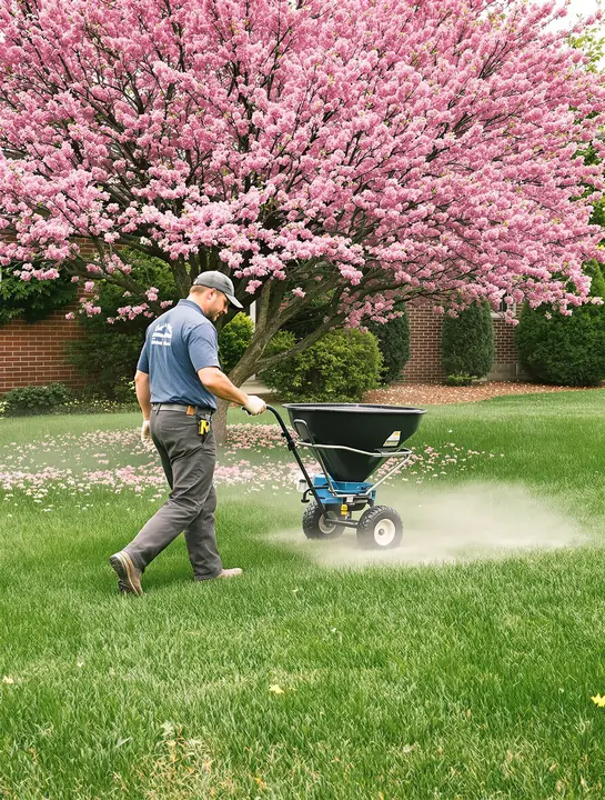 Tech pushing a fertilizer spreader under a blooming redbud in spring