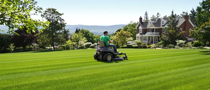 Fresh mowing stripes on a front lawn with the foothills behind