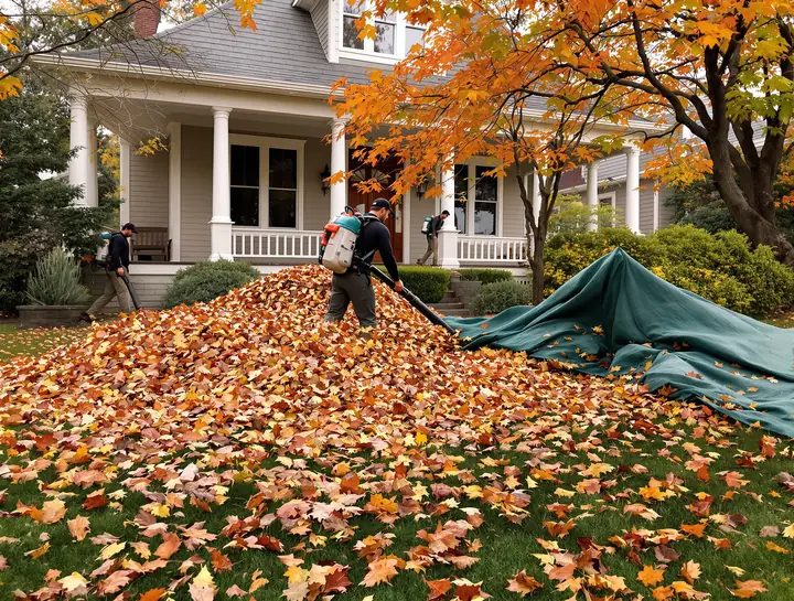 Crew blowing autumn leaves onto a tarp in front of a porch