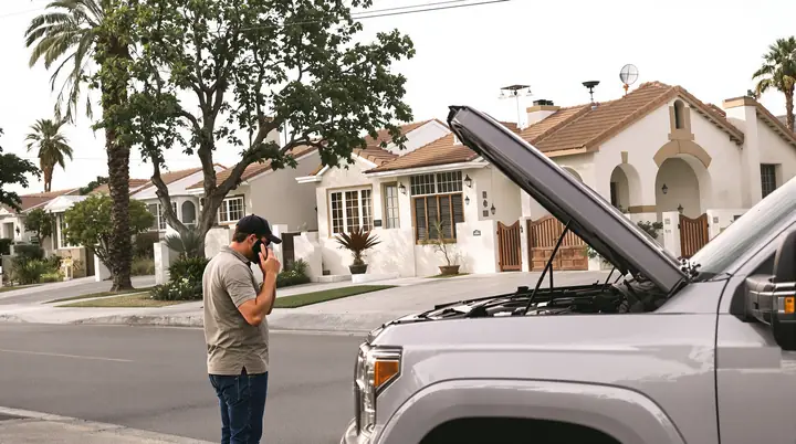 A driver with the hood up on his new pickup on a Long Beach street