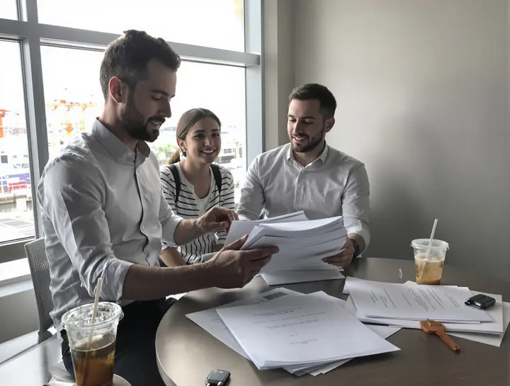 Going through a stack of repair orders with a young couple
