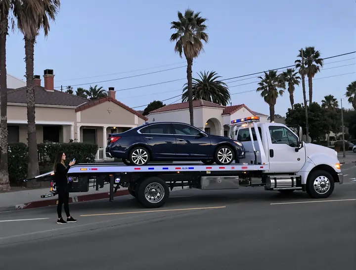 A nearly new sedan loaded onto a flatbed on a Long Beach street