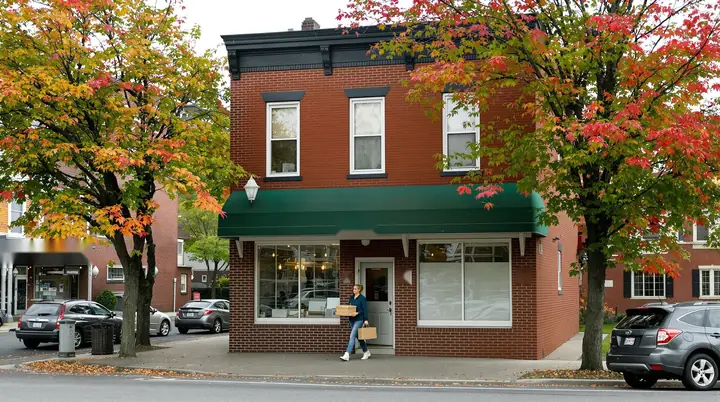 The firm's brick office on a tree lined Rochester street in the fall
