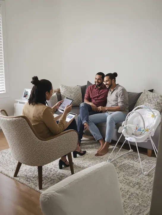Dana going over coverage options with a young couple in their living room