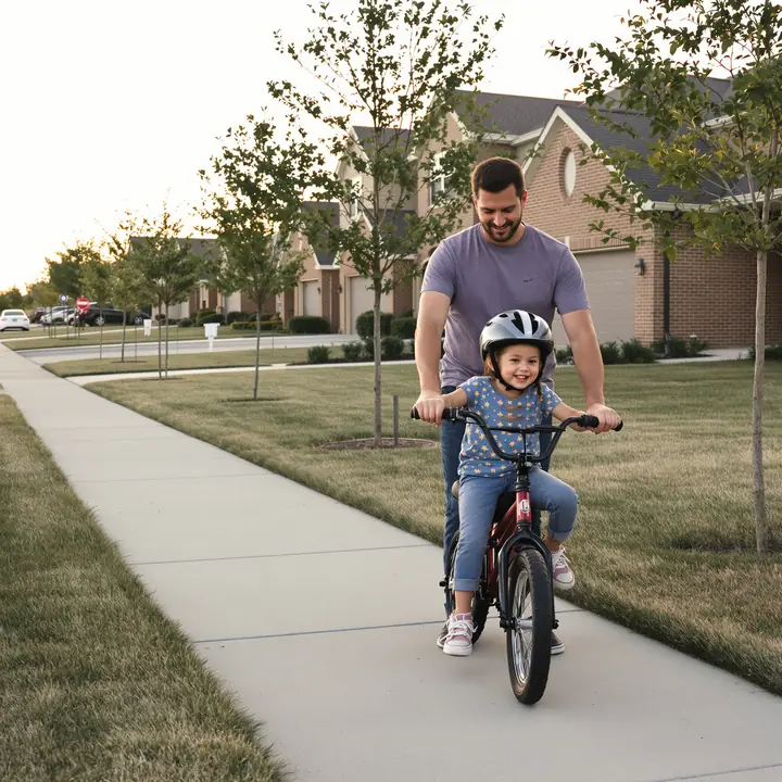 A dad steadying his daughter's bike on a subdivision sidewalk
