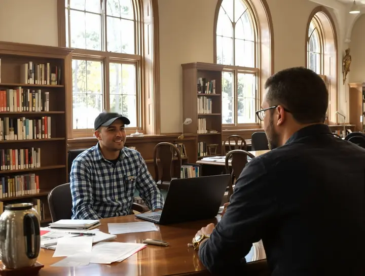 Loan officer meeting a borrower at a table under tall library windows