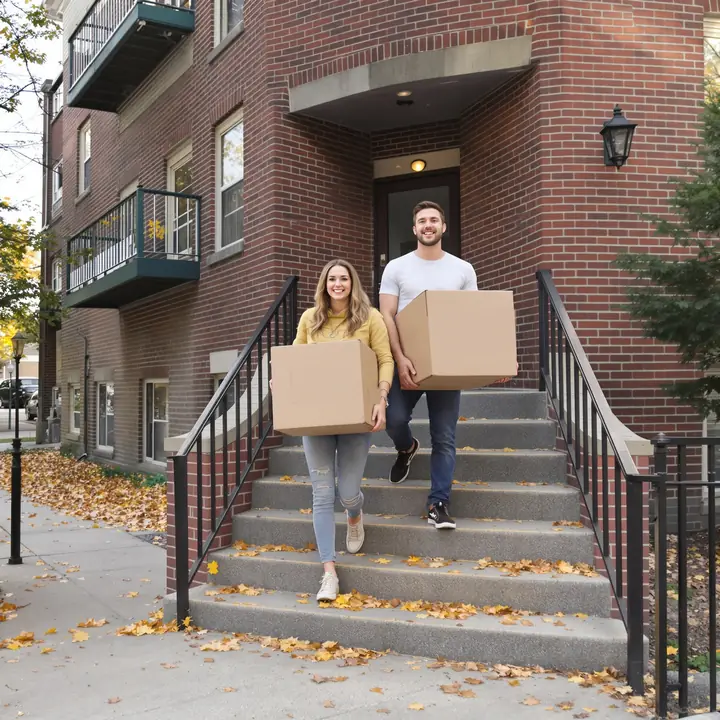 Couple carrying moving boxes down the front steps of a brick building in downtown Bangor