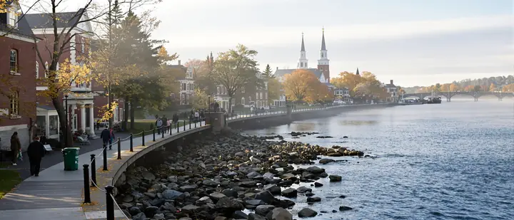 Penobscot River waterfront in Bangor on a misty fall morning