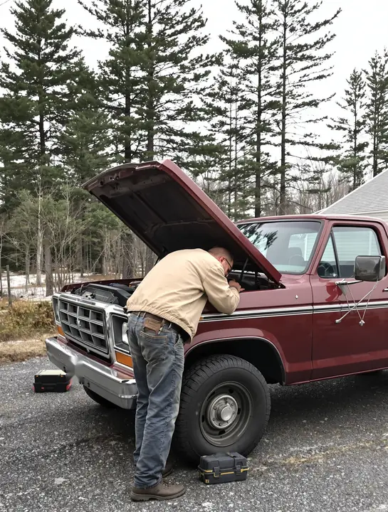 Man working under the hood of his pickup in a gravel driveway among the pines
