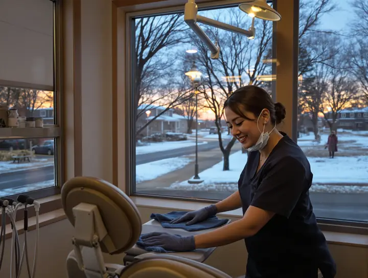 A young dentist cleaning up at the end of the day in her new practice