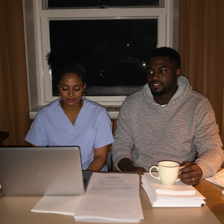 Two residents going over loan papers at their kitchen table late at night