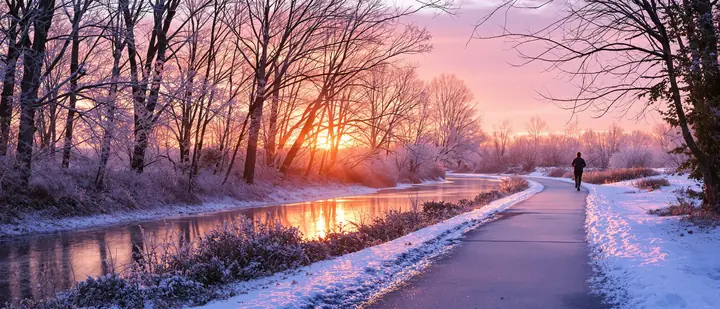 A frosty winter sunrise over a river trail in Rochester