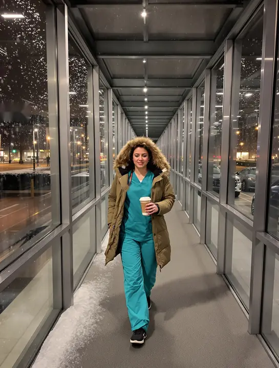 A nurse walking through a glass skyway downtown after a night shift