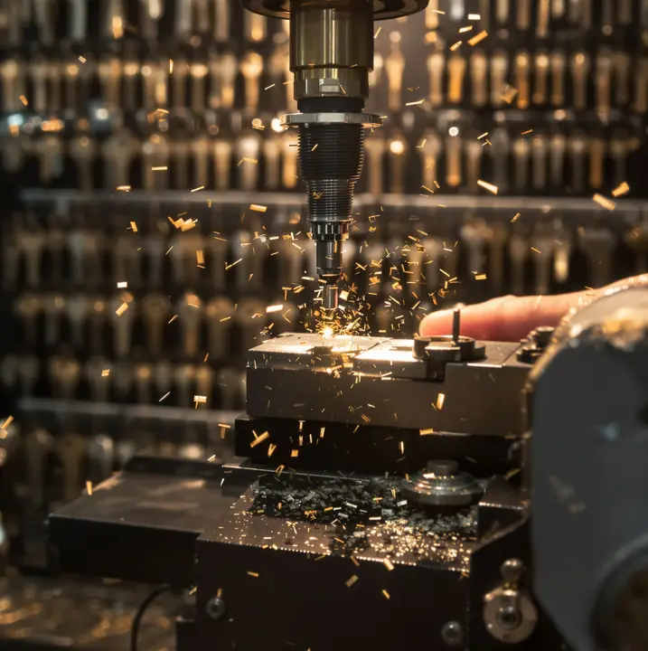 Key machine cutting a brass key blank