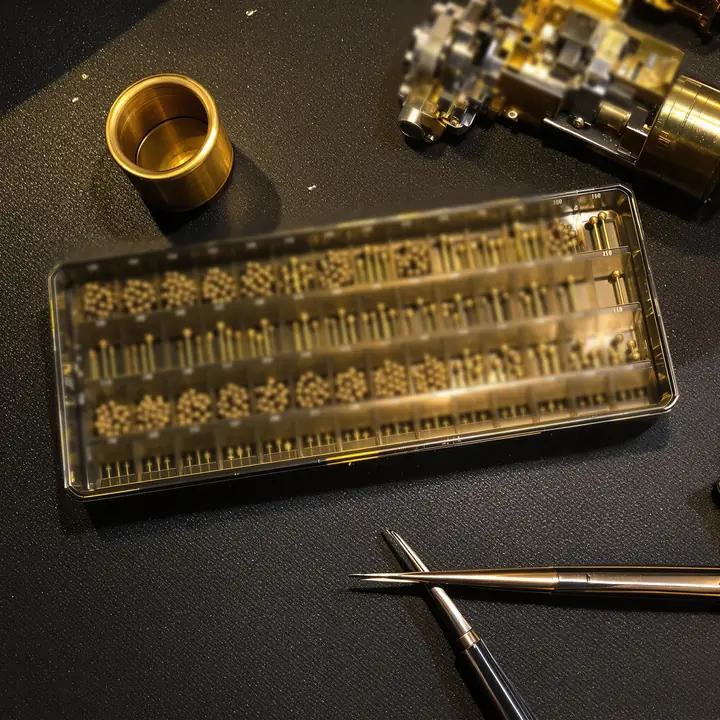 Pinning tray with brass pins and an open lock cylinder