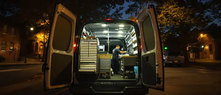 Open locksmith van with drawers of key blanks on a Memphis street at night