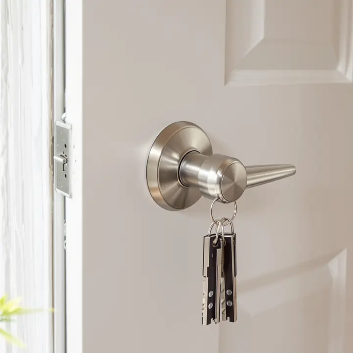 Satin nickel lever handleset on a white front door