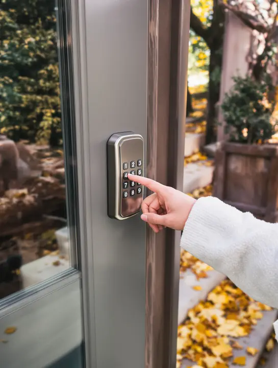Homeowner entering a code on a keypad lever lock